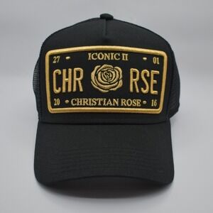 Christian Rose Iconic II License Plate Patch Trucker Snapback Mesh Hat Gold NWT